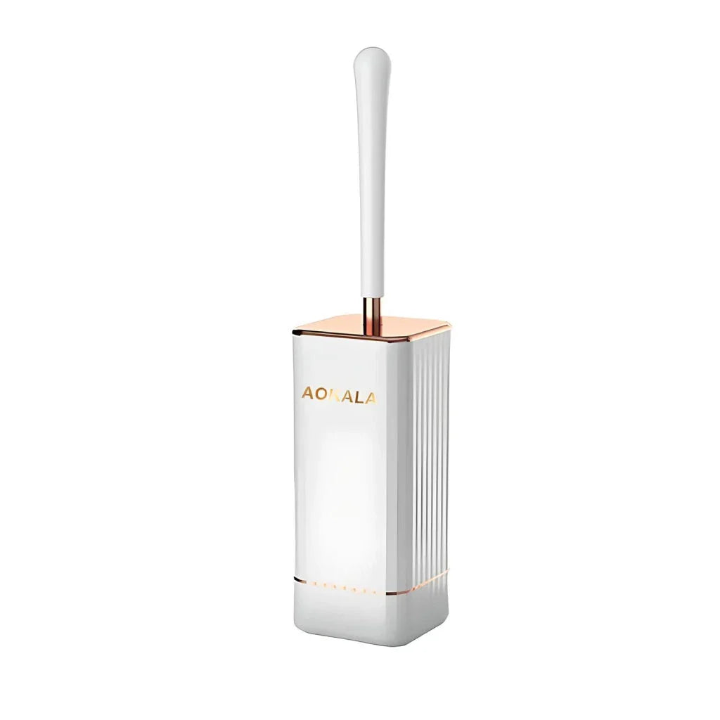 Elegant silicone toilet brush and holder set in black and white with rose gold accents, designed for modern bathroom cleaning