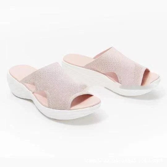 Plus size women's sporty sandals in blue, black, and pink colours featuring a chic fishmouth toe design and a comfortable, supportive sole