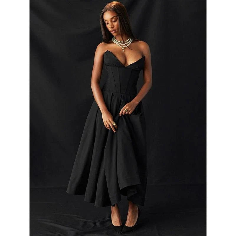 Elegant backless midi dress in black colour for sophisticated British women