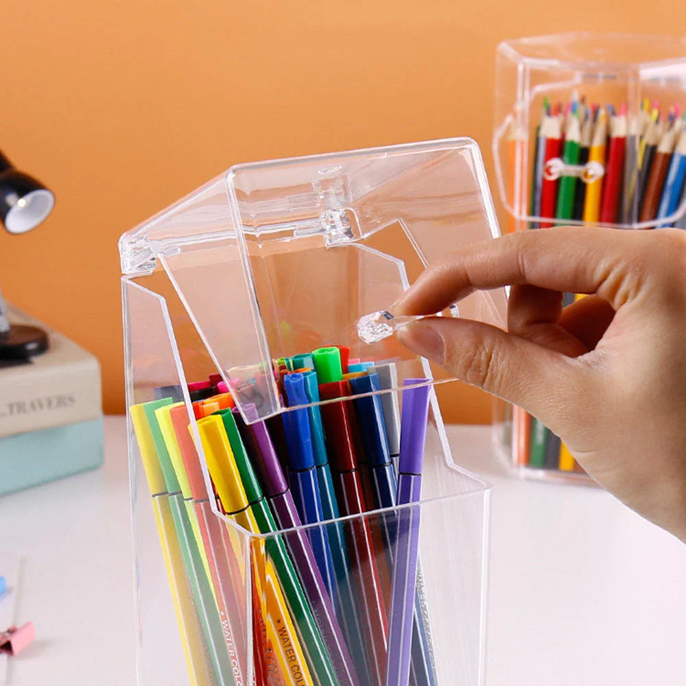 Clear acrylic pen and makeup brush holder with sleek, transparent design for stylish desktop or vanity organisation