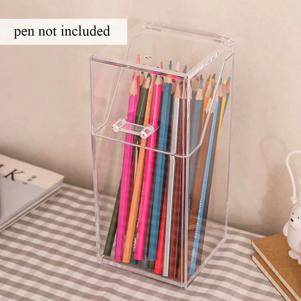 Clear acrylic pen and makeup brush holder with sleek, transparent design for stylish desktop or vanity organisation