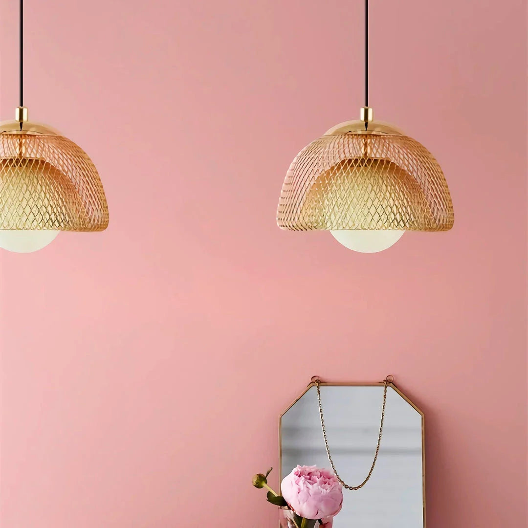 Elegant modern Nordic-inspired copper LED pendant light with a gold lampshade, providing focused illumination for bedrooms, dining rooms, kitchens, and living areas.