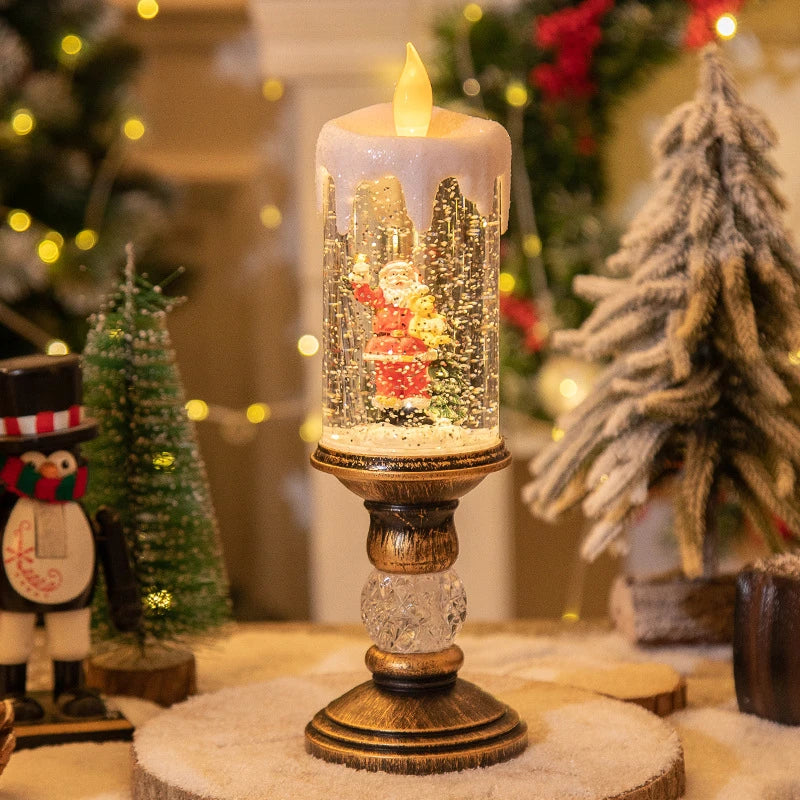 Charming Christmas candle scene layout with festive old man figure, panda pillow, and snowman candle