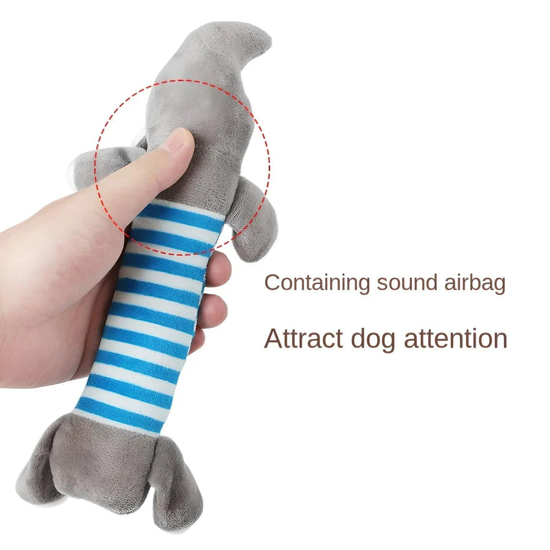A vibrant, squeaky plush dog toy with textured stripes for dental cleaning during play