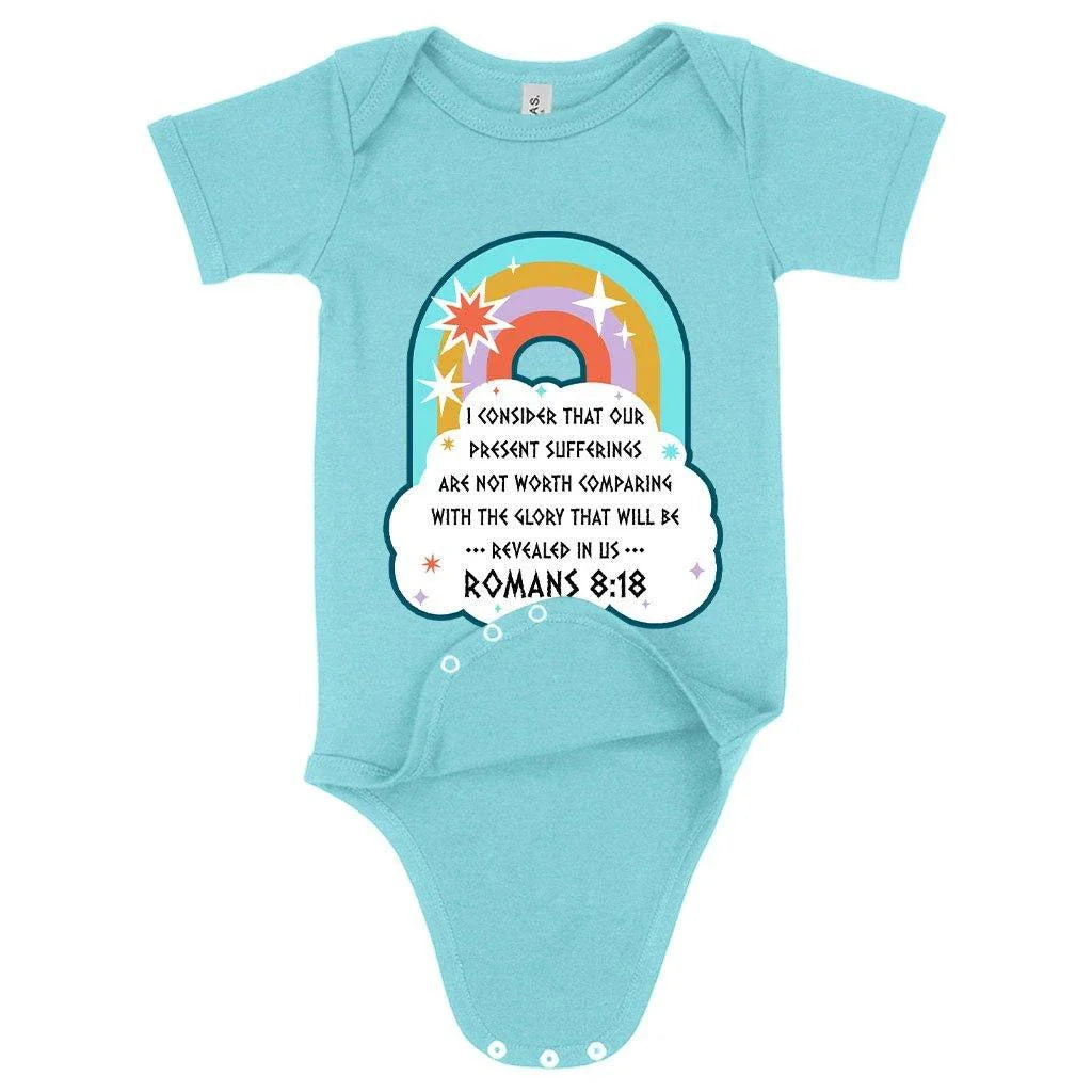 Comfy Bible verse baby bodysuit in mauve triblend fabric with flexible fit and envelope neckline