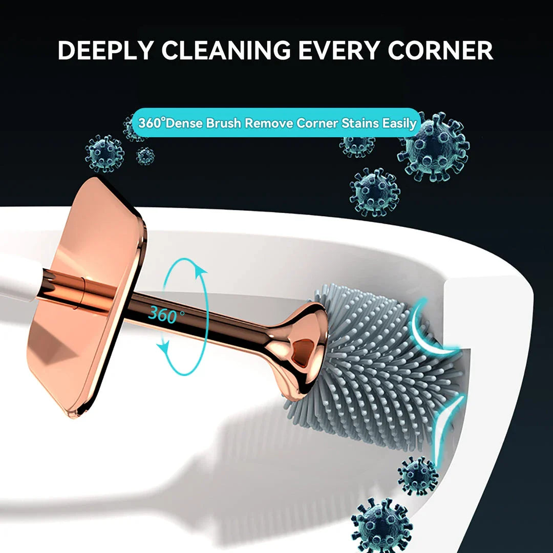 Elegant silicone toilet brush and holder set in black and white with rose gold accents, designed for modern bathroom cleaning