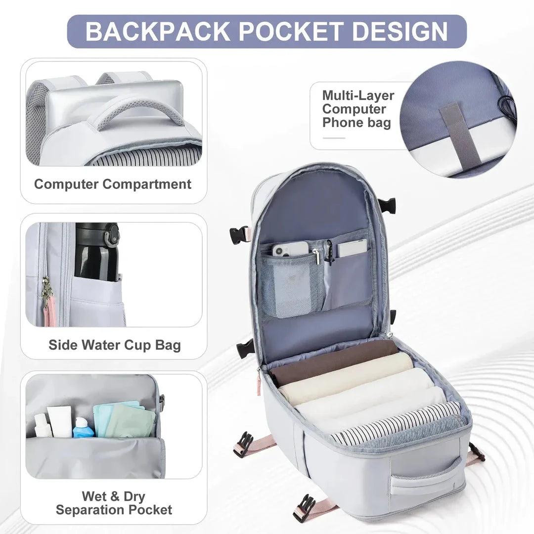 Compact and versatile women's travel backpack with airline-approved dimensions, convertible design, and secure storage for electronics