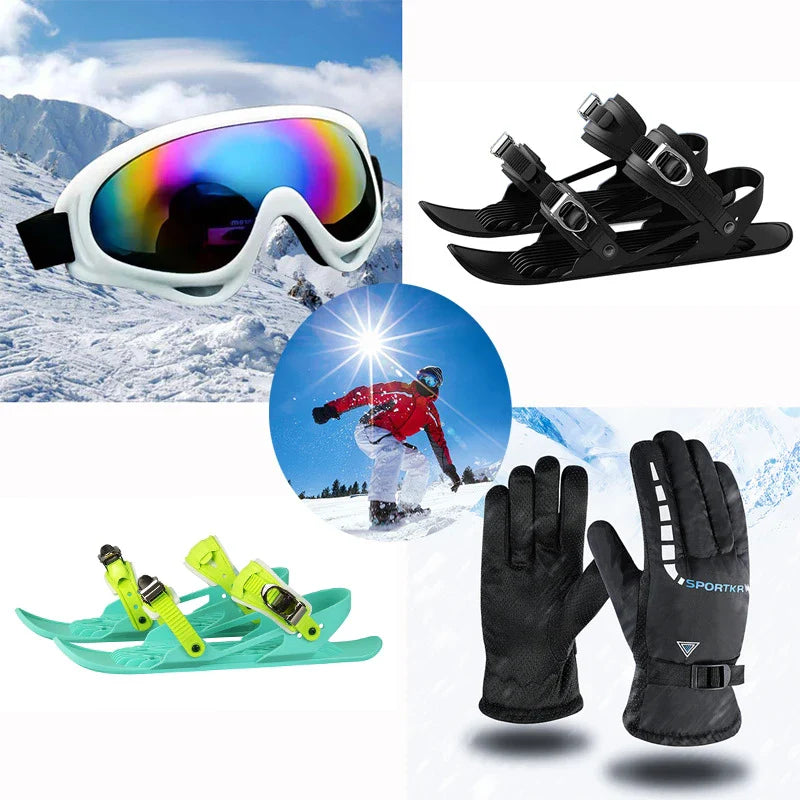 Adjustable mini ski skates with durable nylon and aluminium alloy construction, suitable for UK snow sports enthusiasts