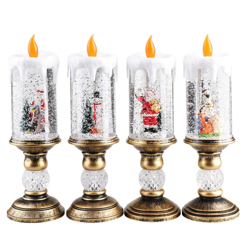 Charming Christmas candle scene layout with festive old man figure, panda pillow, and snowman candle