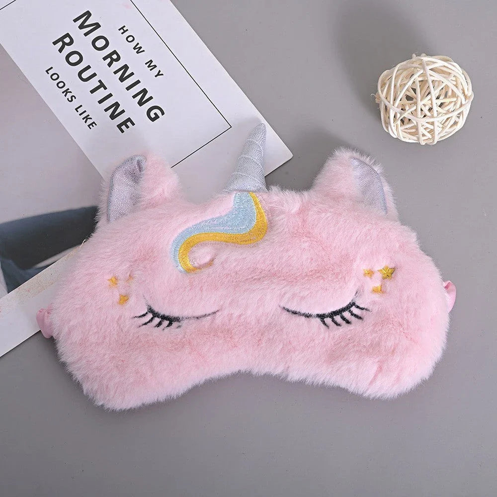 Cosy glitter unicorn sleep mask with plush fabric and adjustable elastic band for a comfortable, customised fit