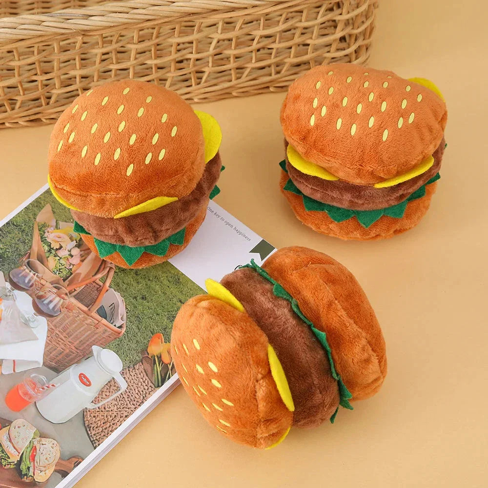 Soft, durable plush squeaky toy in adorable burger design for dogs and cats