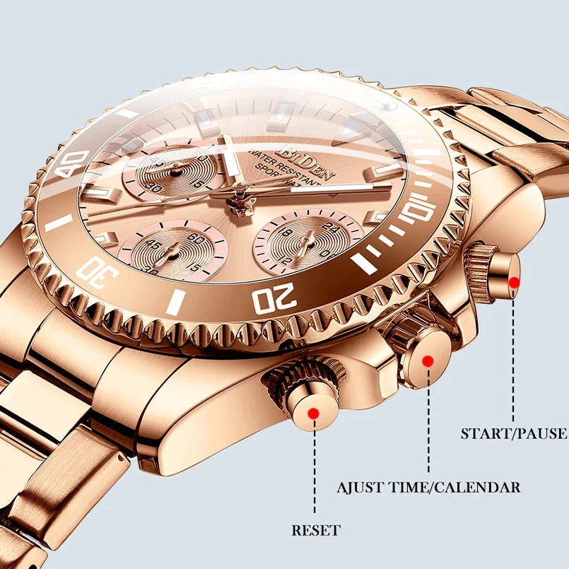 Elegant ladies' fashion watch with multifunctional features like luminous display, calendar, and 24-hour indication for professional use