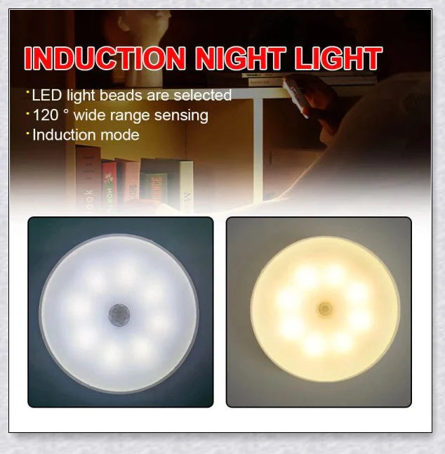 Rechargeable motion-activated LED night light with adjustable lighting modes and long-lasting battery