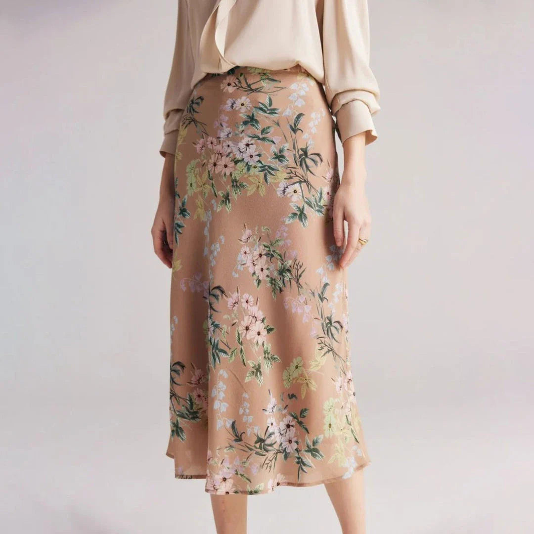 Elegant chiffon floral a-line skirt in coffee colour, perfect for the modern British woman's wardrobe