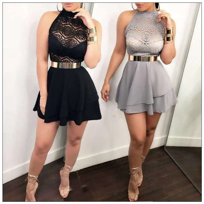 Elegant short mini party dress in black with high neck and A-line silhouette