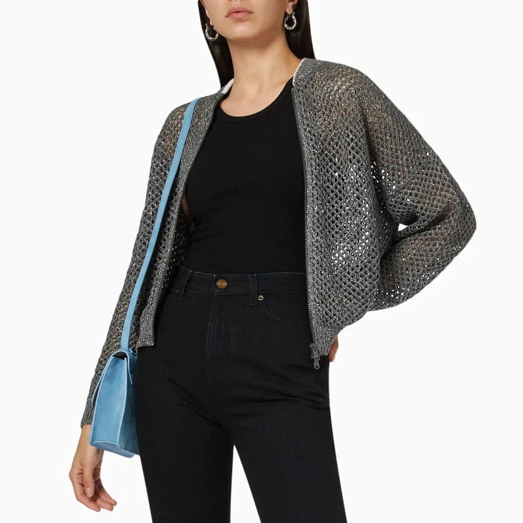 Elegant sequin-embellished linen blend knit top in dark grey colour, available in small, medium and large sizes