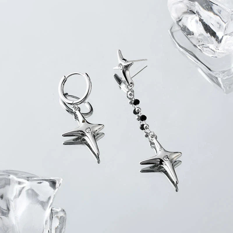 Asymmetric four-star silver needle earrings with a premium design for fashionable women