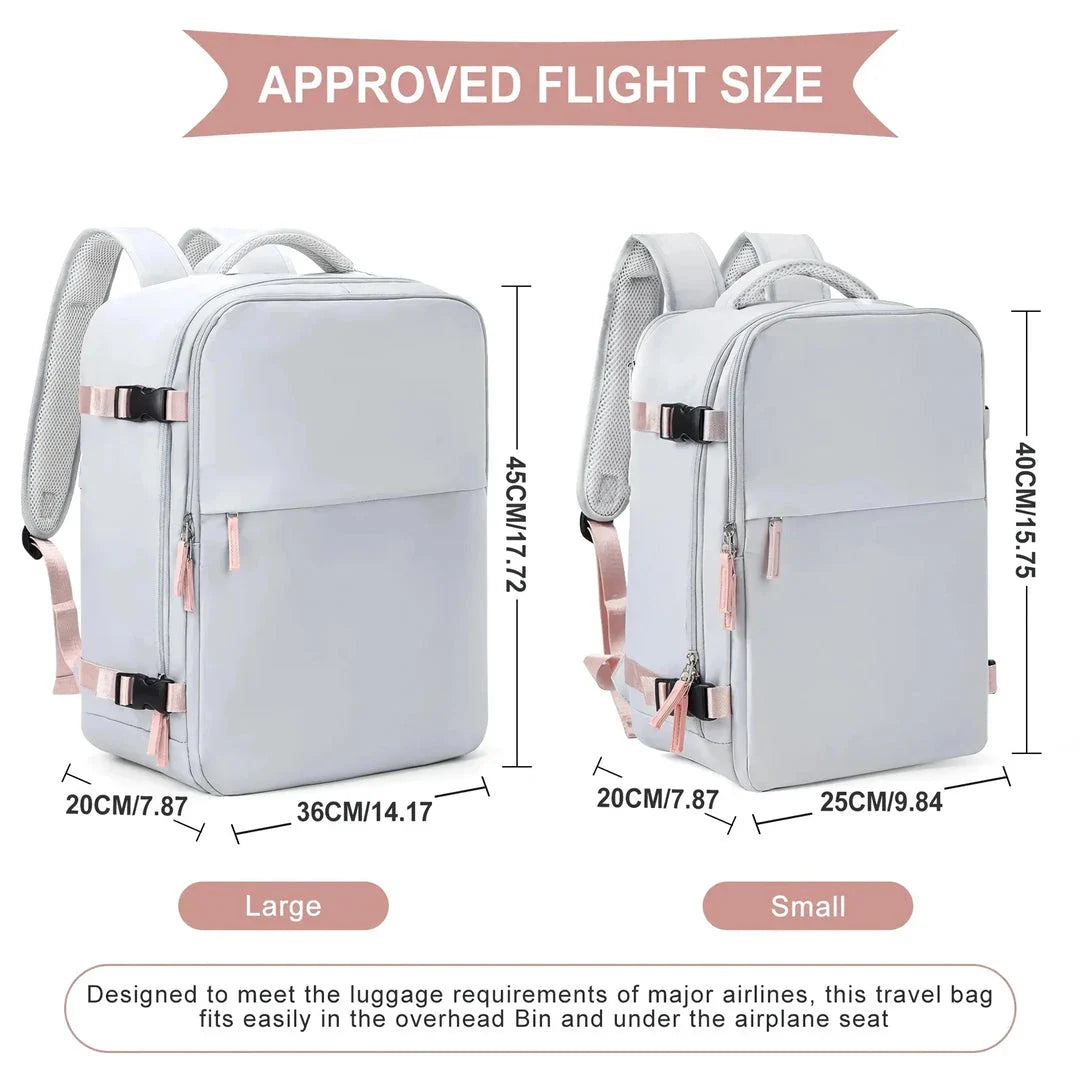 Compact and versatile women's travel backpack with airline-approved dimensions, convertible design, and secure storage for electronics