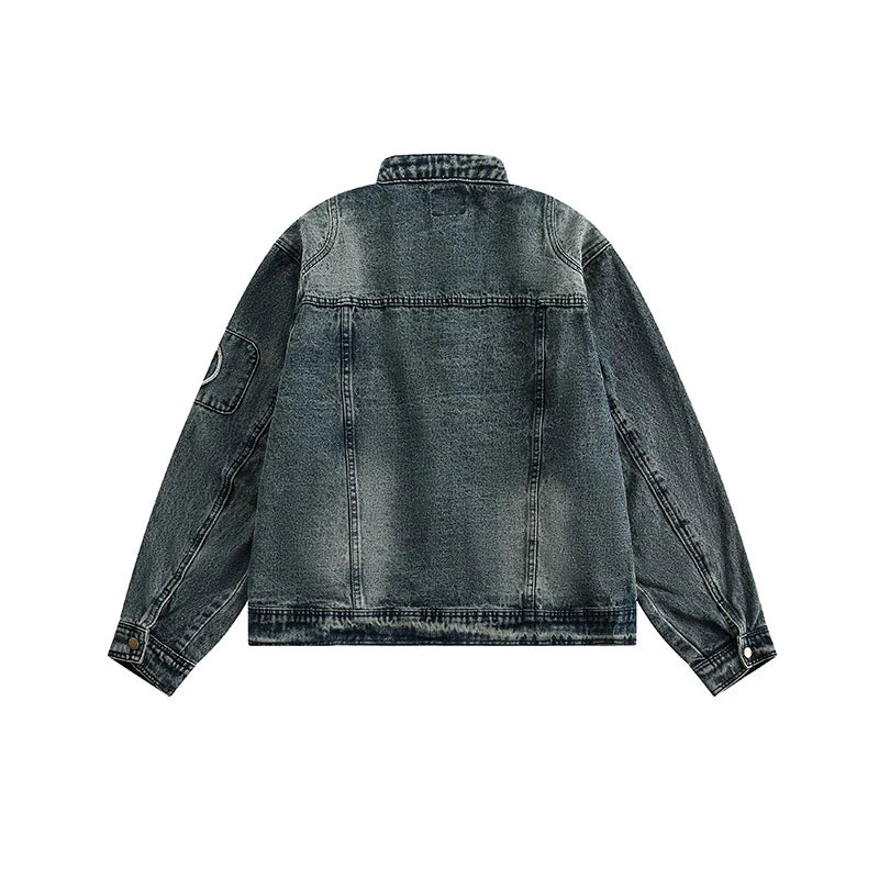Retro-inspired men's denim jacket with intricate embroidered detailing, perfect for casual and smart-casual outfits