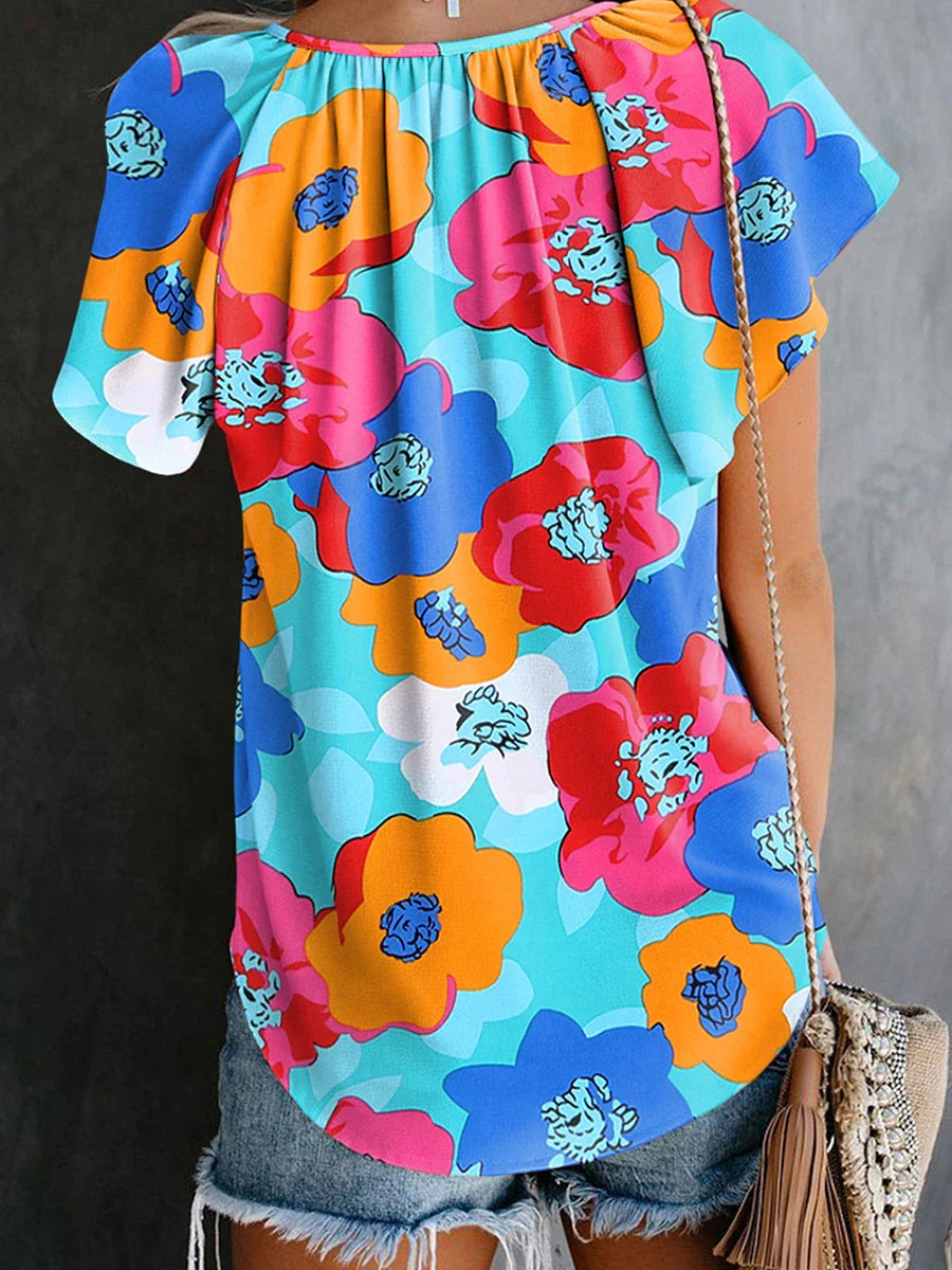 Elegant floral print drawstring v-neck short sleeve top in a pastoral, feminine style