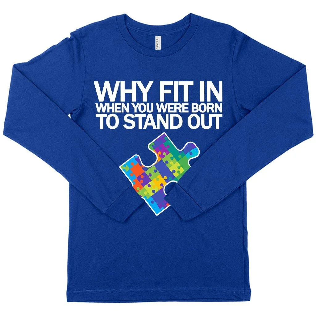 Comfortable Autism Awareness Long Sleeve T-Shirt in white, featuring a classic crew neck design and ribbed cuffs