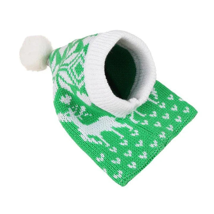 A cosy, knitted pet hat in a festive snowflake and reindeer design, available in various sizes to fit dogs and cats.