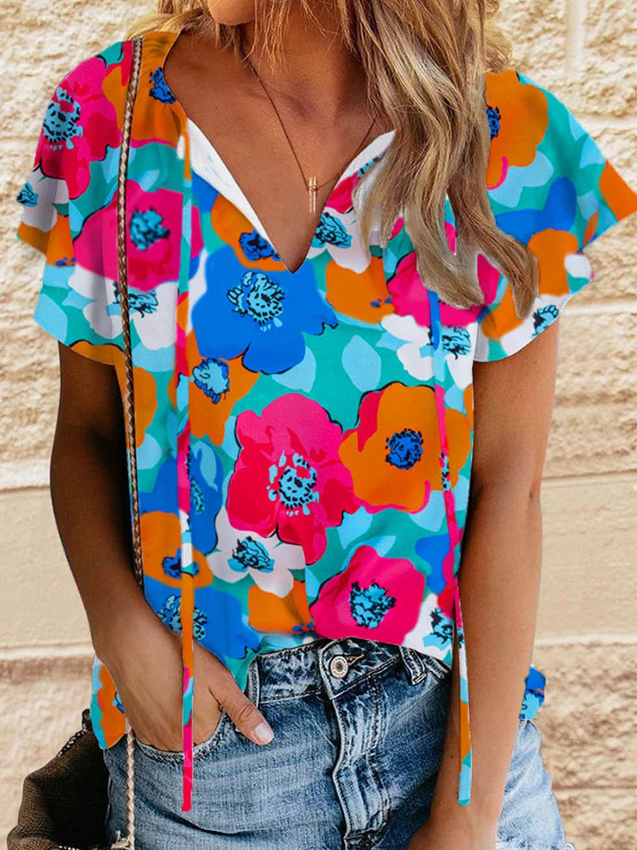 Elegant floral print drawstring v-neck short sleeve top in a pastoral, feminine style