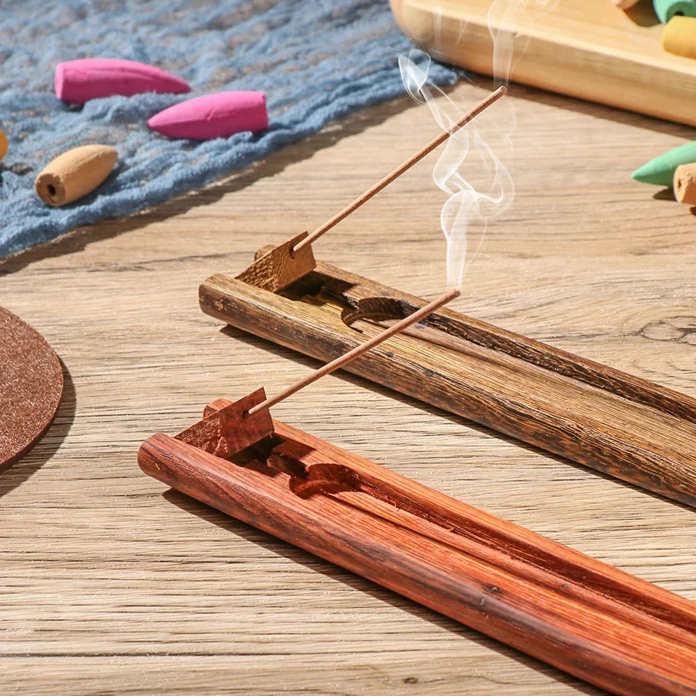 Elegant wooden and bamboo incense holder with a natural and rustic charm, designed to enhance your aromatherapy experience and add sophistication to any room.