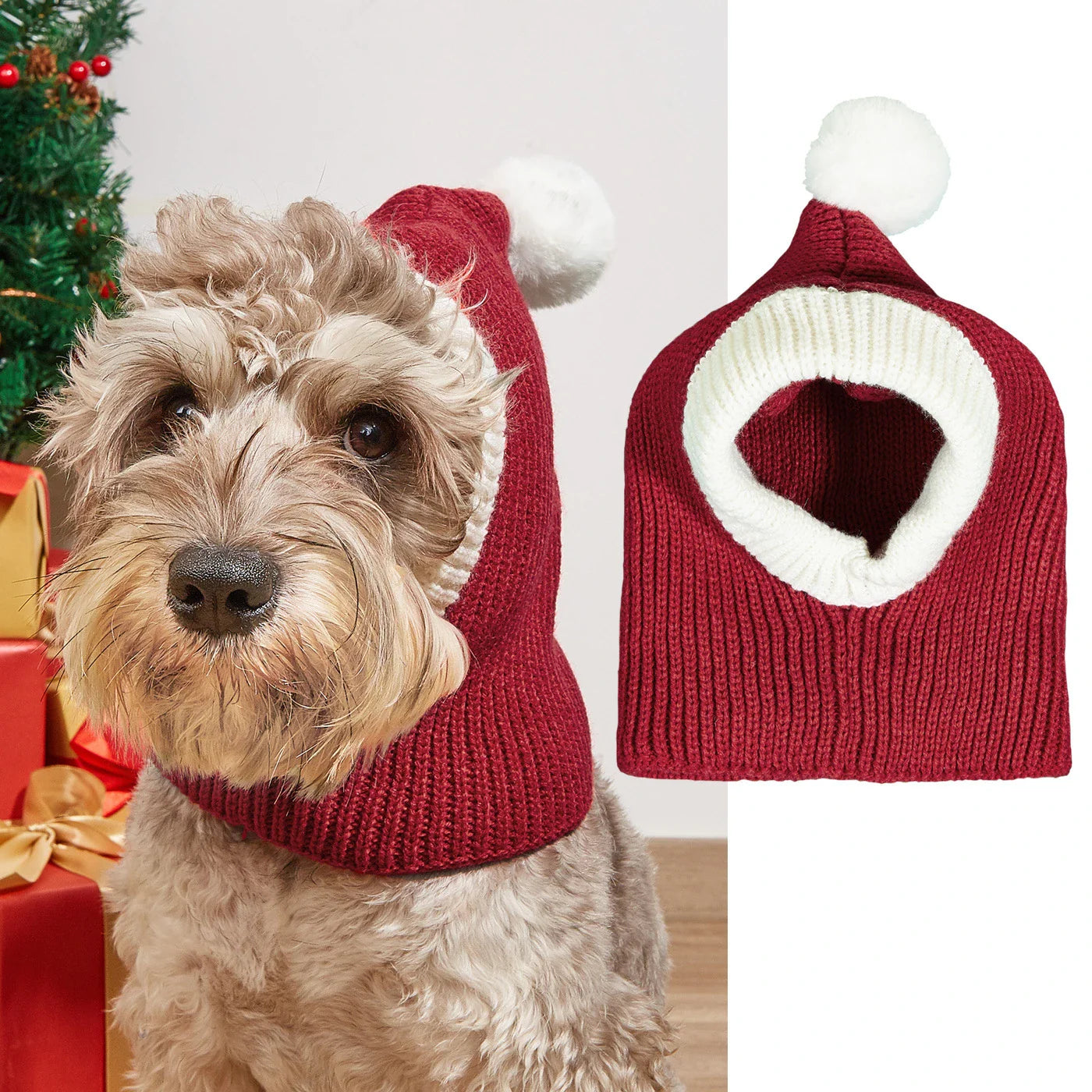 A cosy, knitted pet hat in a festive snowflake and reindeer design, available in various sizes to fit dogs and cats.