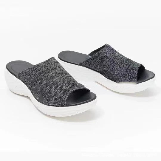 Plus size women's sporty sandals in blue, black, and pink colours featuring a chic fishmouth toe design and a comfortable, supportive sole