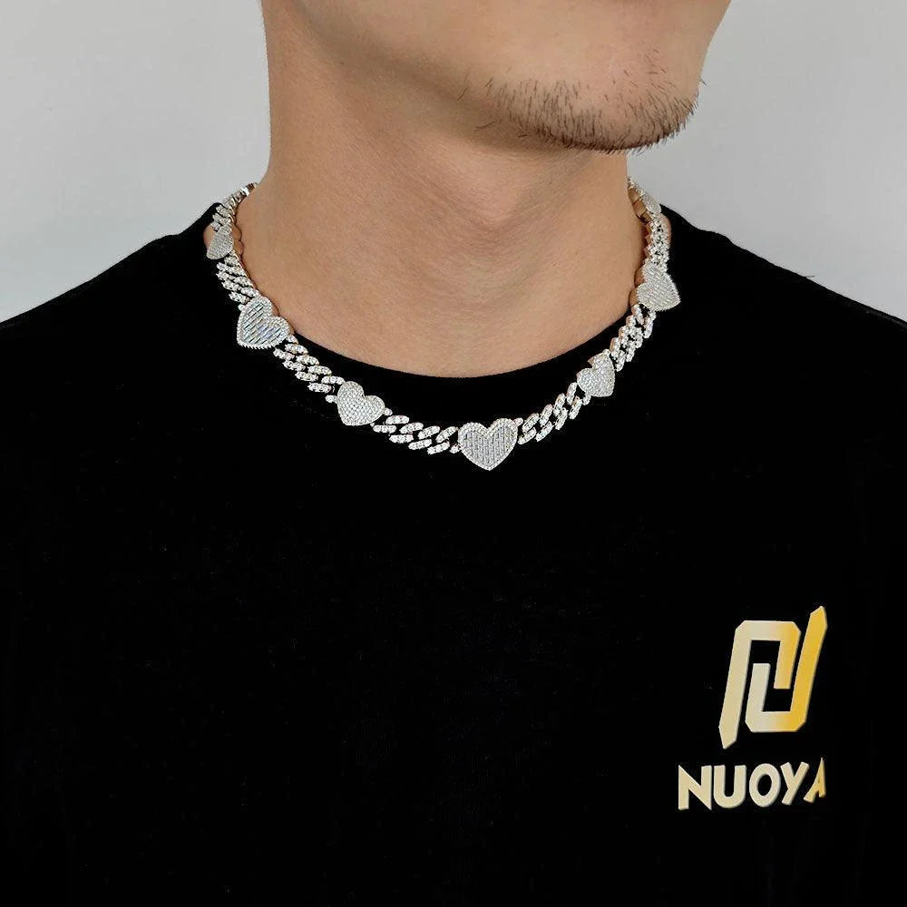 Platinum Cuban Link Chain Necklace with Zircon Mosaic Inlay, Offering Sophisticated Style and Lasting Durability