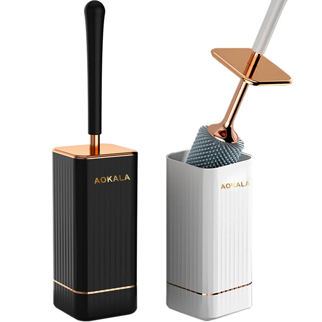 Elegant silicone toilet brush and holder set in black and white with rose gold accents, designed for modern bathroom cleaning