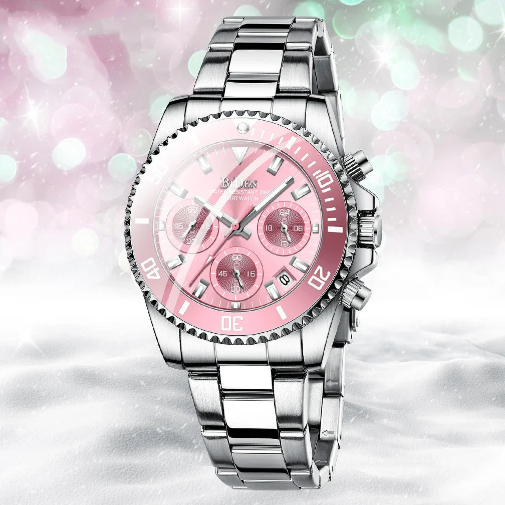 Elegant ladies' fashion watch with multifunctional features like luminous display, calendar, and 24-hour indication for professional use