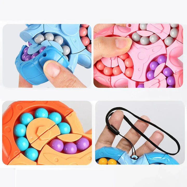 A vibrant, colourful fingertip puzzle cube with a unique rotating mechanism designed to challenge the mind and relieve stress.