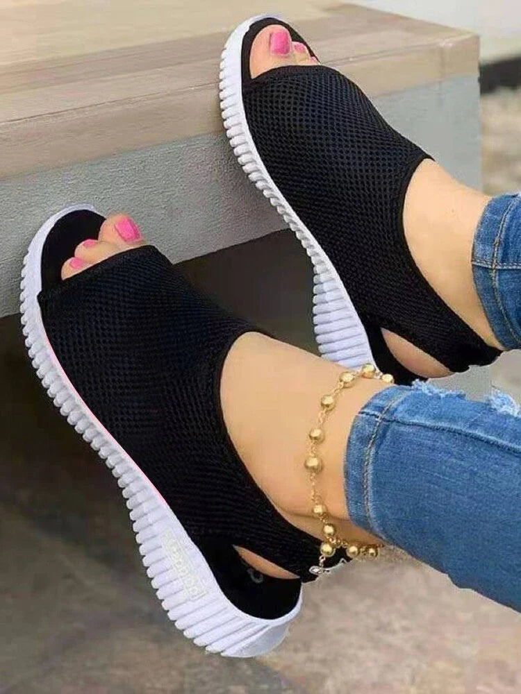 Pair of New Style Thick Bottom Mesh Fish Mouth Sports Sandals with breathable mesh upper and rubber soles