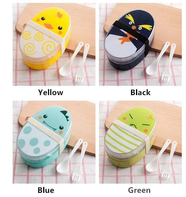 Egg-shaped children's lunch box in various colours, including black, green, blue, and yellow