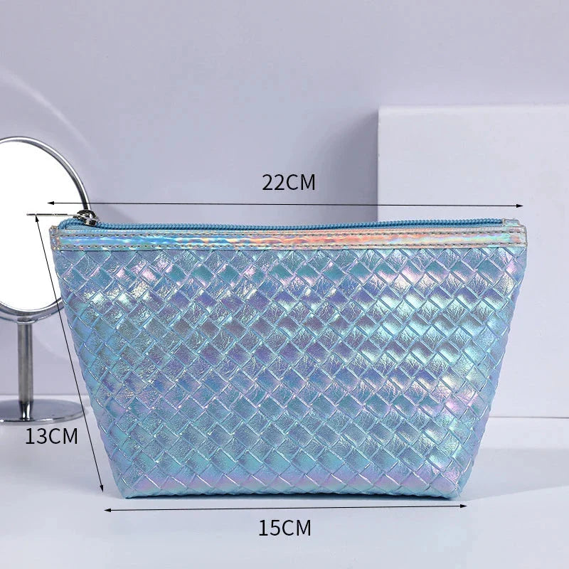 Large leather travel cosmetic bag with stylish paillette pattern, perfect for organising makeup and toiletries on the go