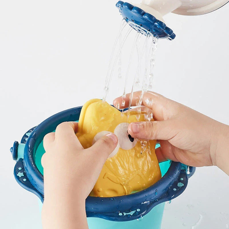 Colourful and vibrant baby beach toy set with shovels, sand moulds, and a convenient carry bag