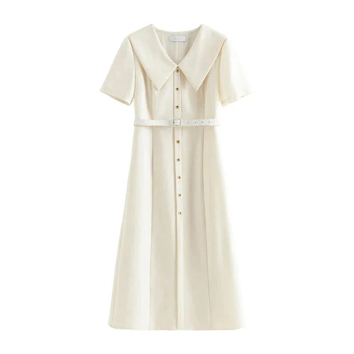 Elegant mid-calf summer dress with flattering empire waistline and adjustable belt for professional women