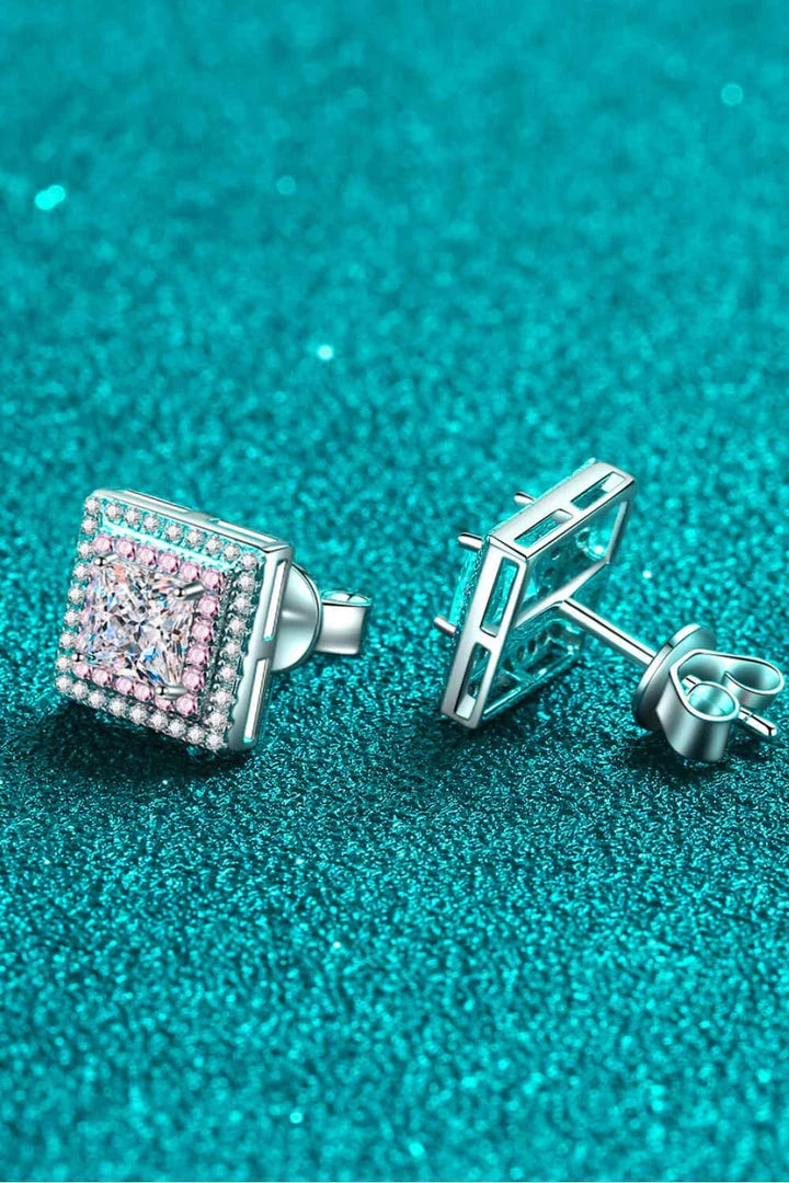 Elegant Moissanite square stud earrings in 925 sterling silver with a polished finish