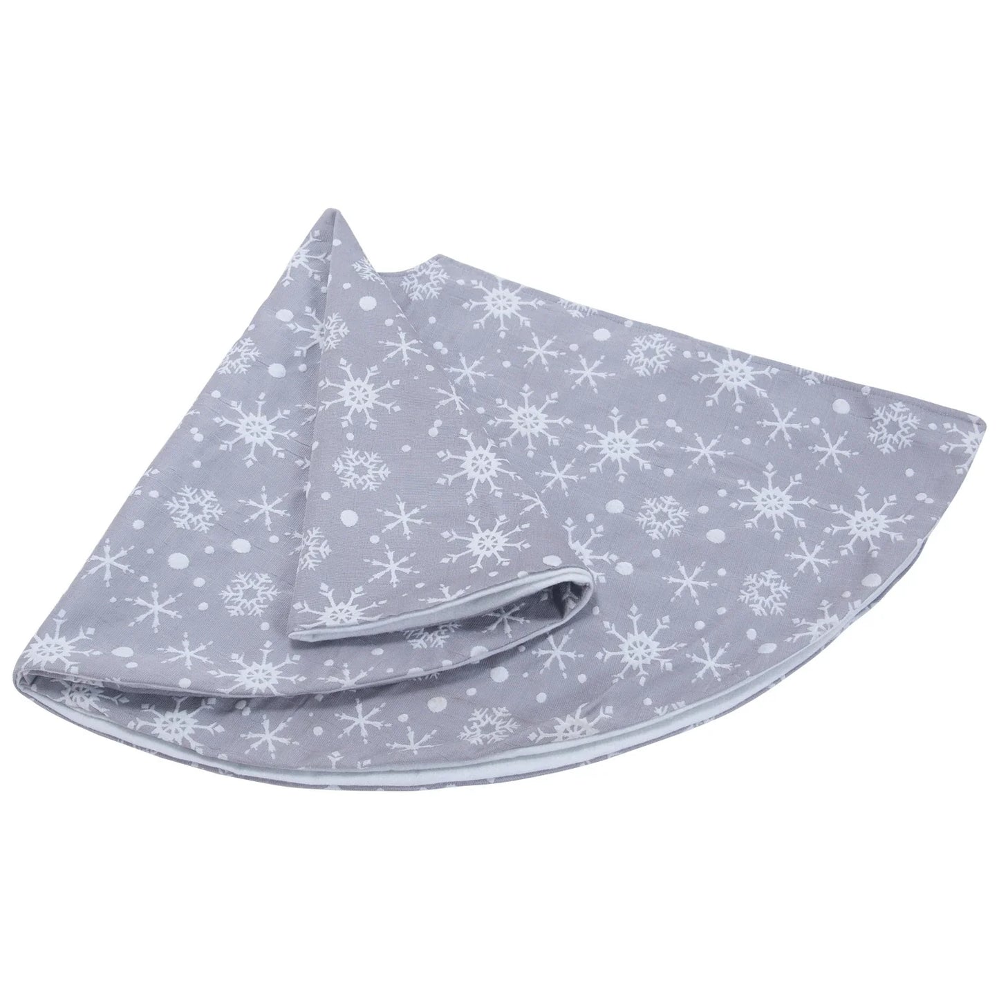 Grey background with intricate white snowflake design Christmas tree skirt