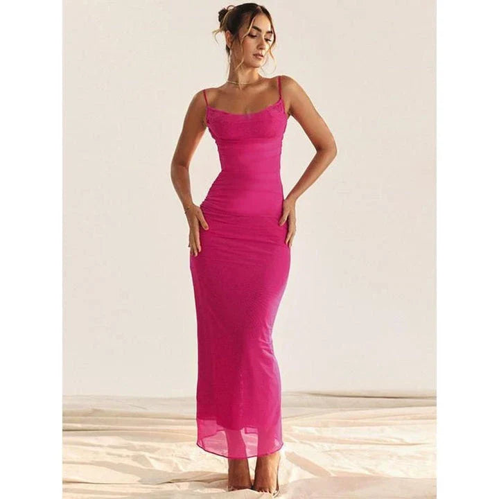 Elegant lace and mesh backless maxi dress in a sleek, sophisticated design