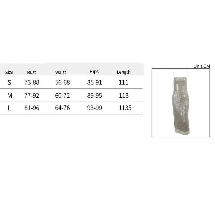 Elegant Sparkle Maxi Dress with spaghetti straps, backless design, and side split for a glamorous look