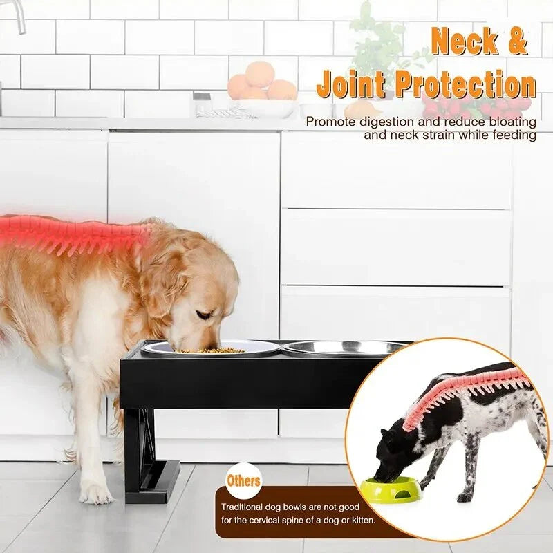 Adjustable height dog bowl stand with slow feeding option, suitable for medium to large dogs
