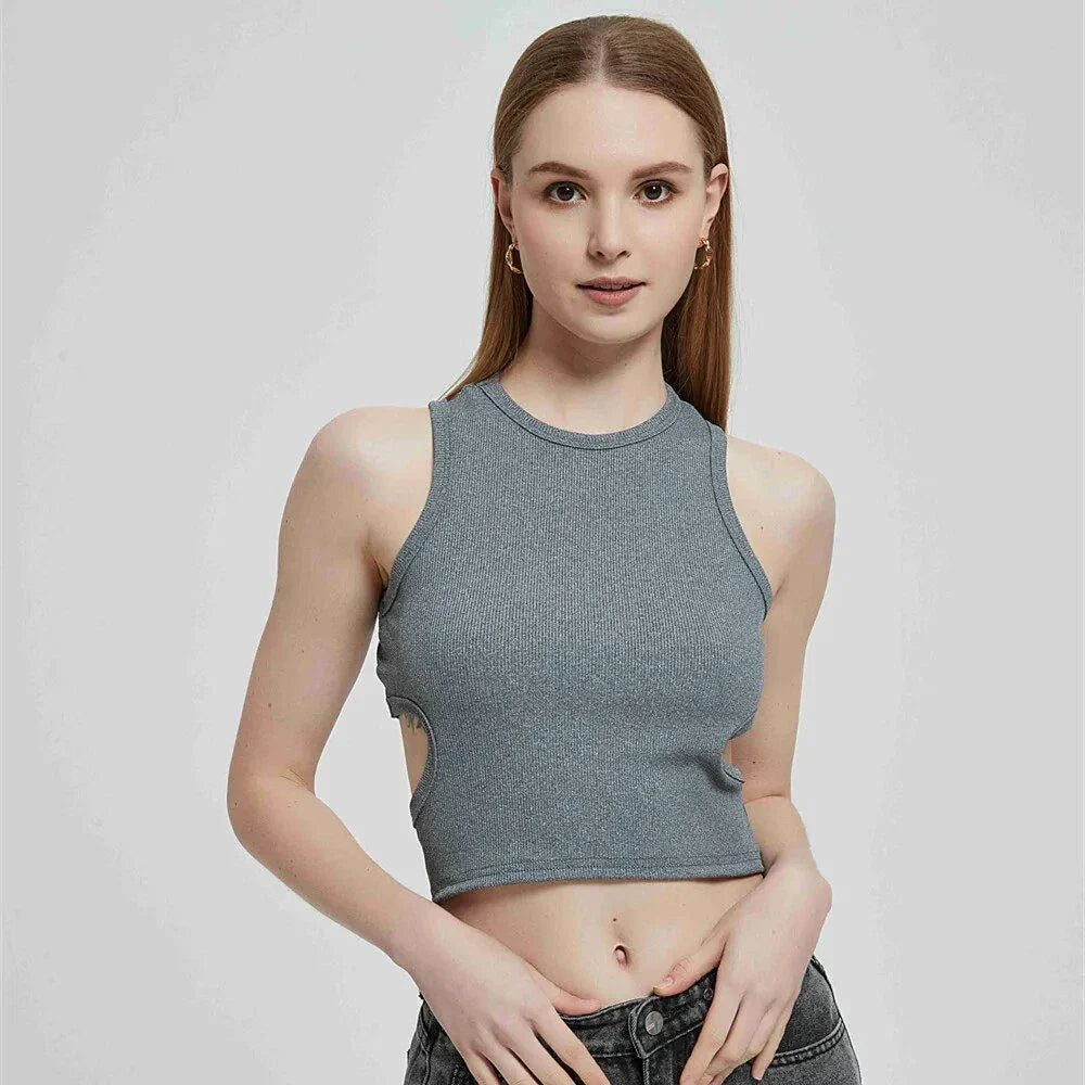 A chic and stylish ribbed knit Y2K tank top in a classic green colour, designed for the fashion-conscious British consumer.