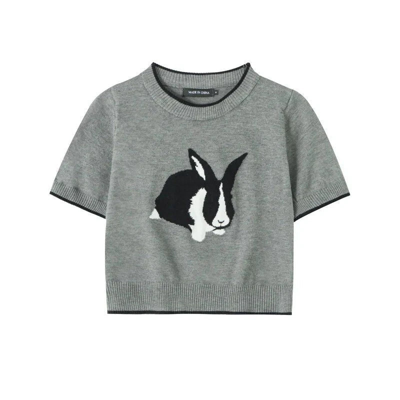 Charming Rabbit Cartoon Short Sleeve Knitted Top in Grey