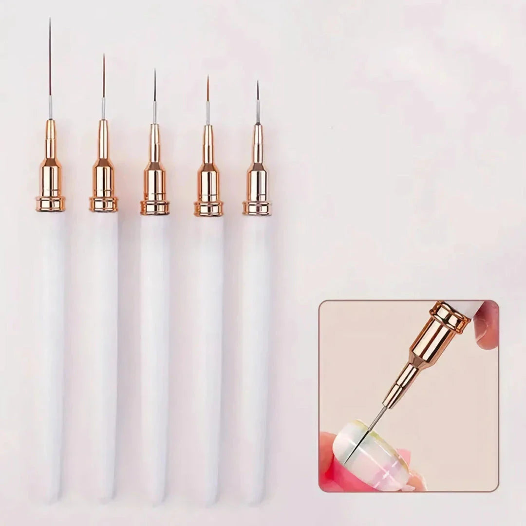 A 5-piece set of precision nail art liner brushes in various sizes for creating intricate designs and patterns on nails