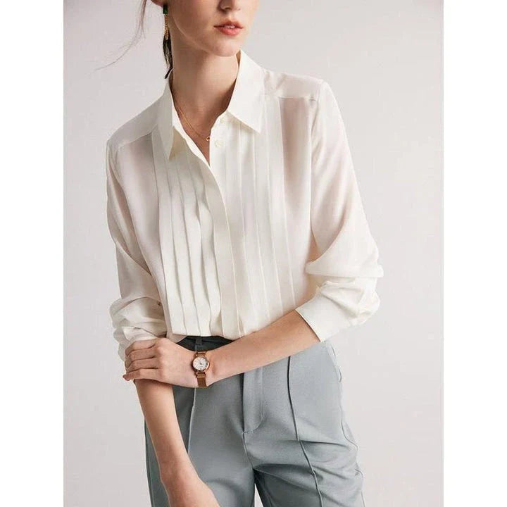 Elegant white mulberry silk office blouse with classic turn-down collar and straight, regular fit for a flattering silhouette