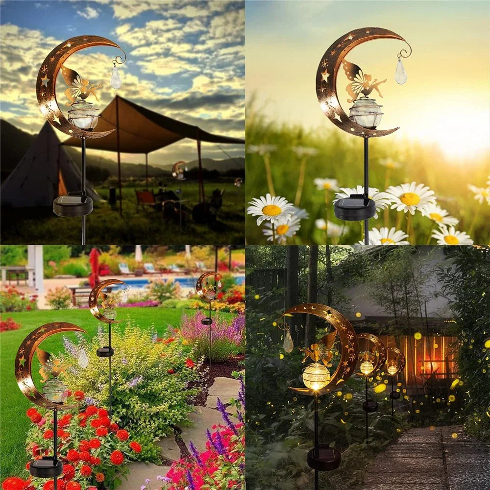 Decorative solar-powered garden light with a fairy and moon design, providing enchanting illumination for pathways, patios, and lawns.