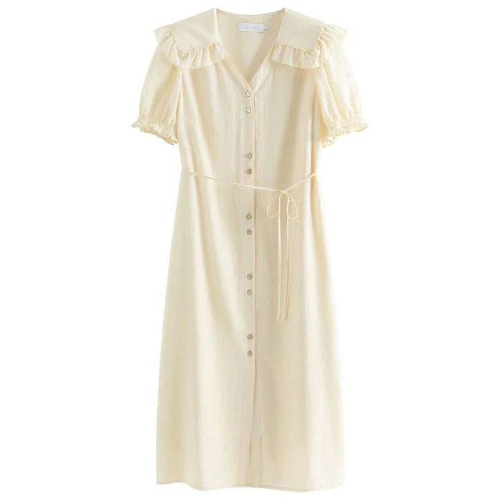 Elegant navy blue sailor collar dress with delicate fungus-edged sleeves, versatile and stylish for summer events